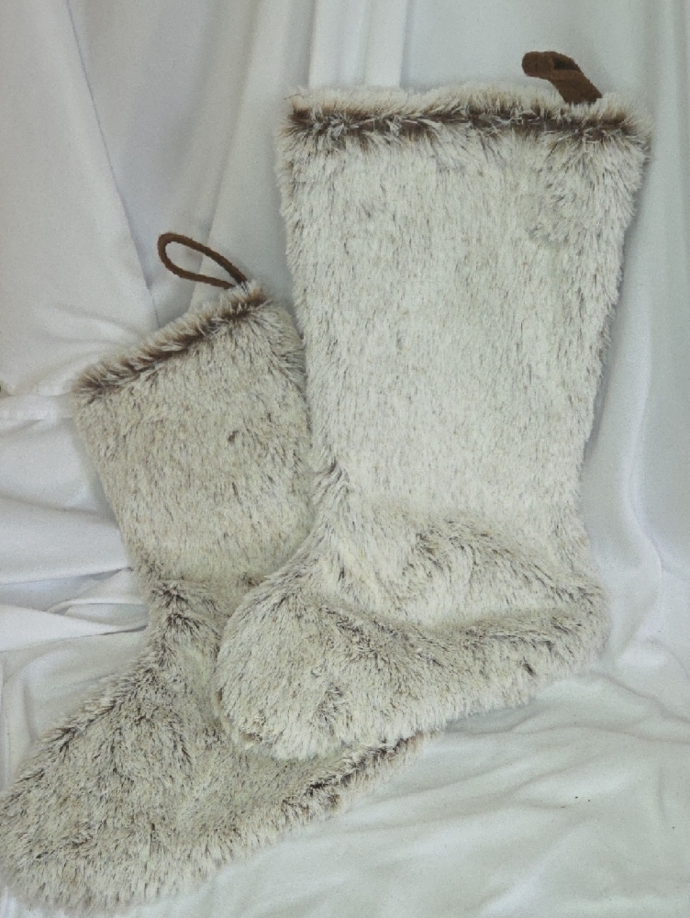 Plush Faux Fur Christmas Stockings (2) White Brown Fuzzy Nwt 18 x 11"